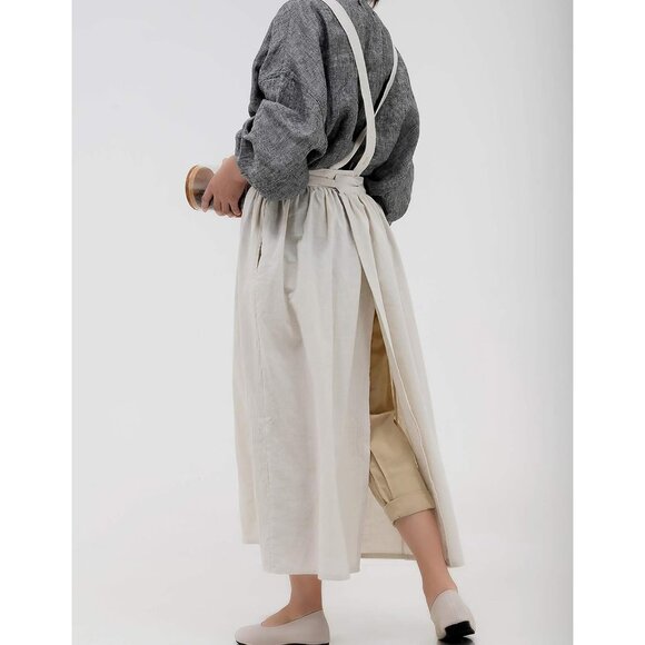 Pleated Cotton Long Apron X Back Kitchen Garden Florist Work Clothes Bib Dress - Picture 5 of 8